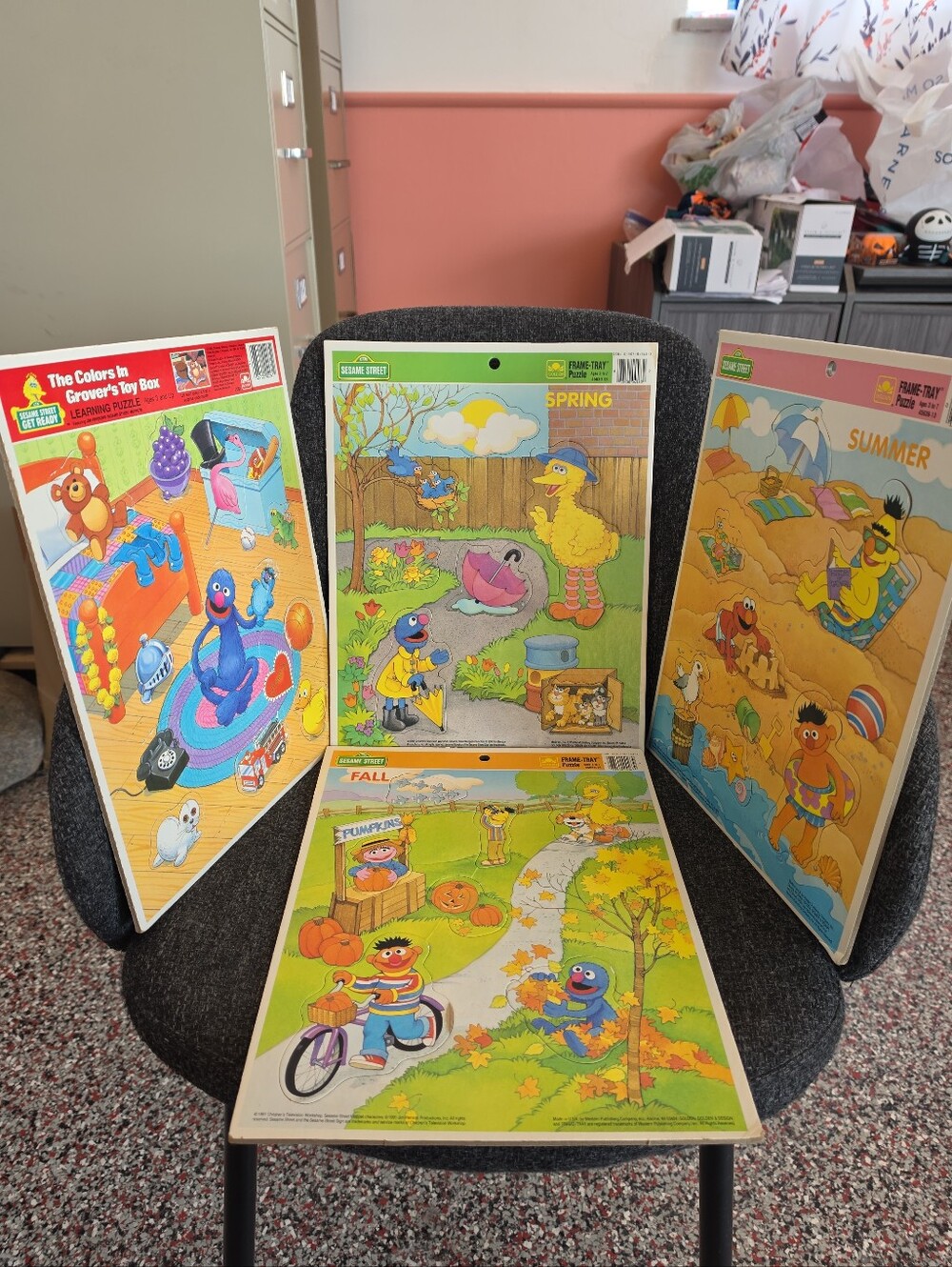 1991 Vintage Golden Sesame Street Frame-Tray Puzzles Seasons Spring Fall Summer